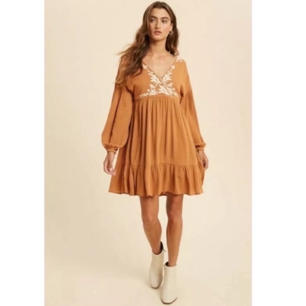 Earthen Embroidered Floral Ruffle Wrap Mini Dress